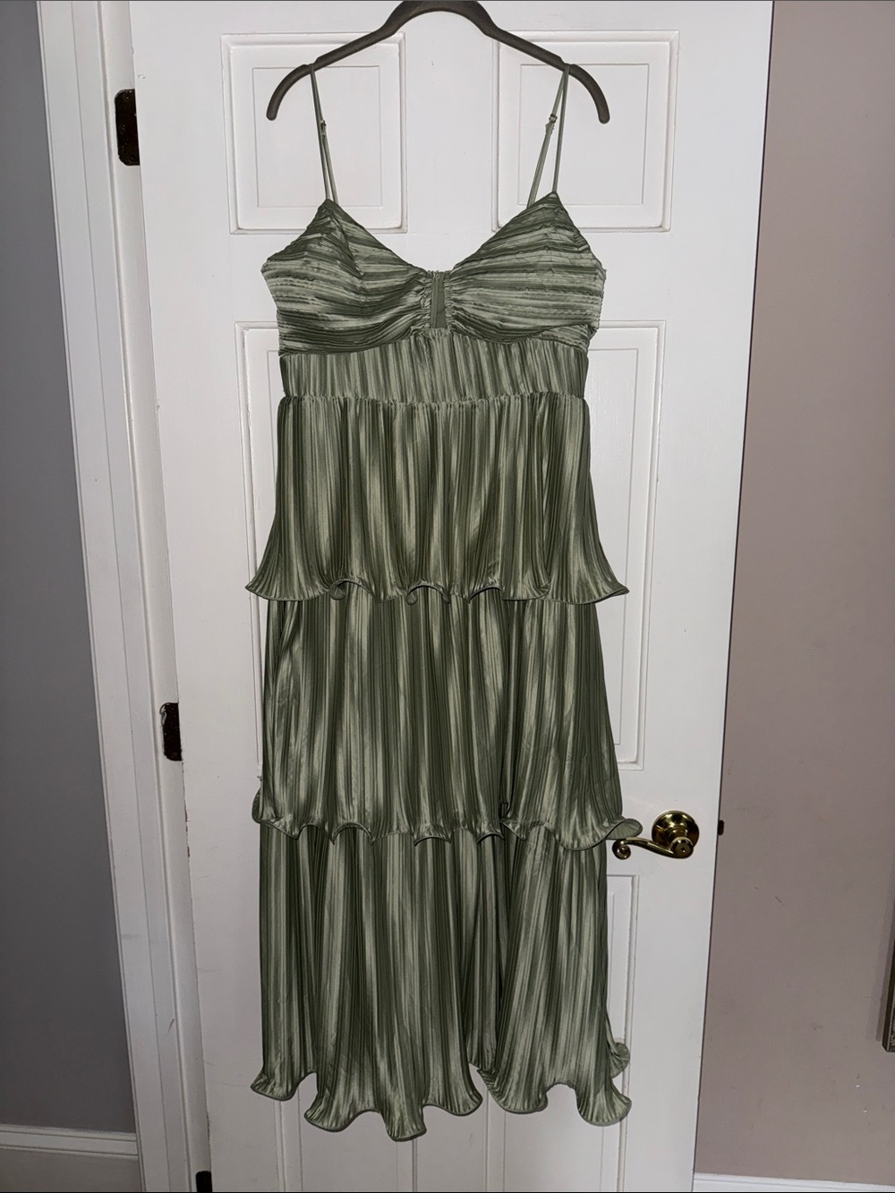 Astr Olive Tiered Spaghetti-Strap Maxi Dress